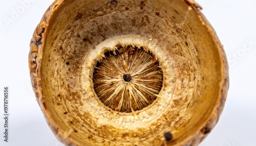 Macro close-up of acorn cap cross-section with radial texture and natural attachment scar
