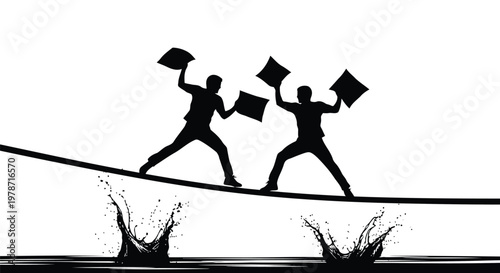 Two businessmen balancing on a tightrope with papers