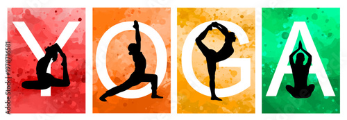 Yoga. Silhouettes of people practicing yoga. Vector illustration.