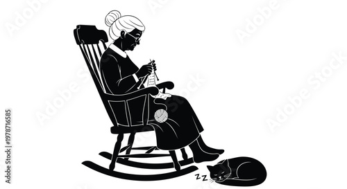Woman sitting in a rocking chair knitting with a sleeping cat beside her