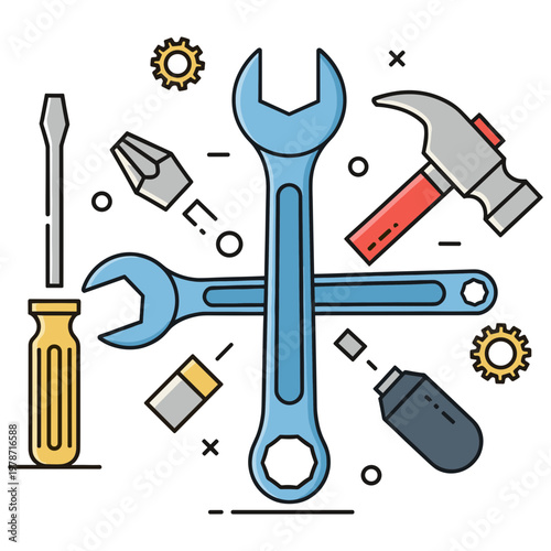 A collection of tools including wrenches, hammer, screwdriver and gears on a surface