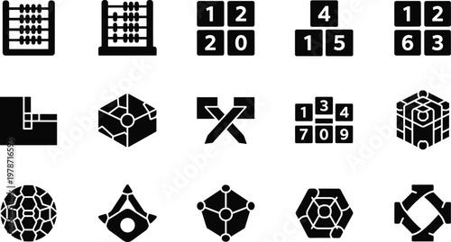 Set of educational math icons, logic puzzle silhouettes with abacus, number blocks, geometric shapes, and brain games, black learning elements isolated on white.