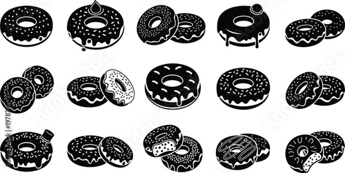 Set of black donut icons, sweet dessert silhouettes with sprinkles, chocolate glaze, bitten treats, bakery collection, food graphics isolated on white background.