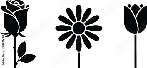 Stylized garden flower icons including rose daisy and tulip silhouette