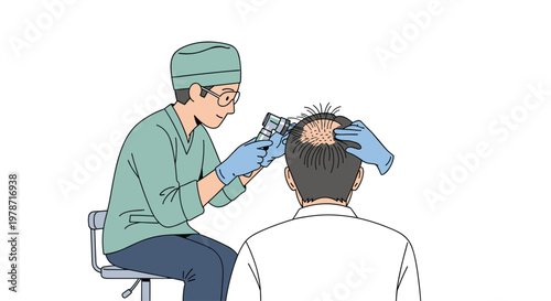 Medical professional in scrubs uses a dermatoscope to examine a patient's scalp for hair loss treatment in a clean and clinical white office environment.