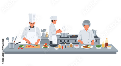 Professional chefs in crisp white uniforms prepare gourmet meals on a stainless steel kitchen counter within a clean and bright culinary workspace setting.
