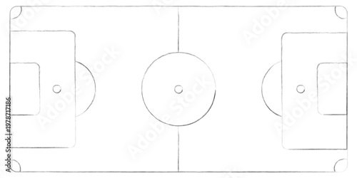 Hand Drawn Soccer Field Outline – Football Pitch Top View Line Art Diagram, Playground Court Markings Sketch Isolated on White Background