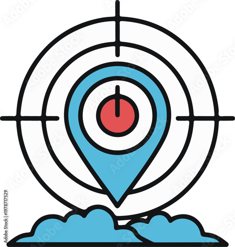 Map Pin Location Icon with Crosshair Target and Clouds Concept