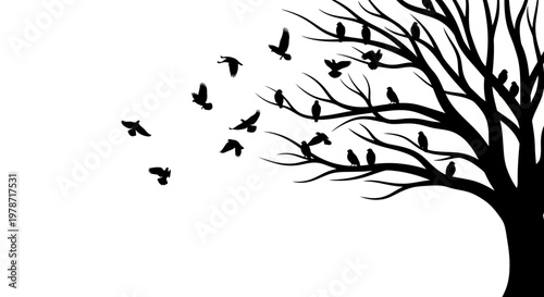 Black Silhouette Birds Taking Flight From Bare Tree Branches Against White Background