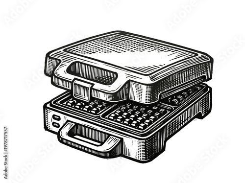 Sandwich Maker Kitchen Appliance Engraving Illustration Black and White Line Art