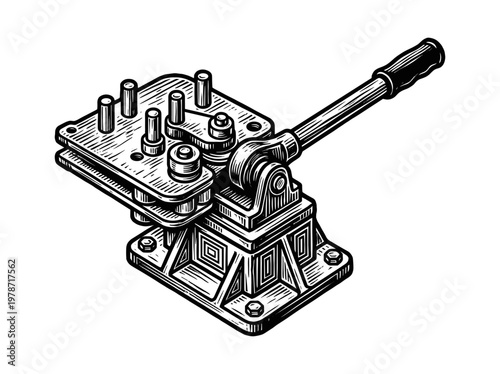 Rebar Bender Industrial Construction Tool Engraving Illustration Black and White Line Art