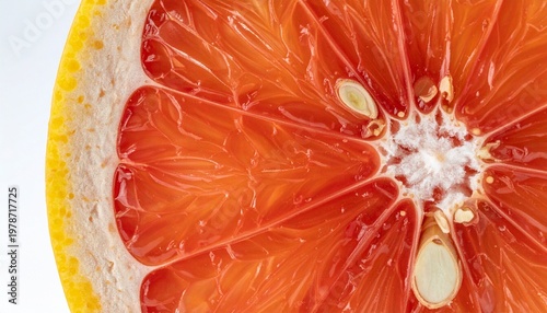 Macro cross-section of fresh grapefruit with juicy segments and white pith texture
