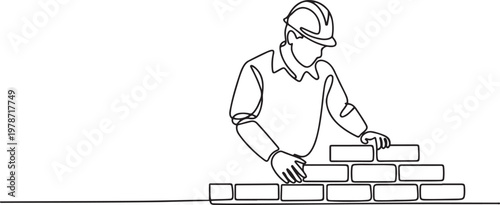 Continuous one line art of repairman building brick wall. Construction worker in uniform and helmet doing work. One line draw graphic design vector