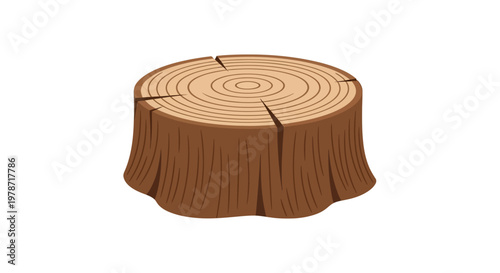 Wooden tree stump with concentric rings and bark texture, isolated on a white background