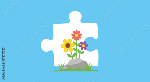 A white puzzle piece forms the foundation for a vibrant garden of colorful flowers and greenery