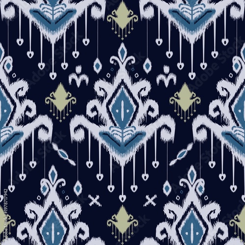 Illustration of vintage blue abstract ethnic ikat pattern.