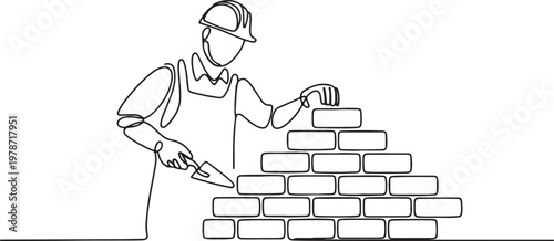 Continuous one line art of repairman building brick wall. Construction worker in uniform and helmet doing work. One line draw graphic design vector