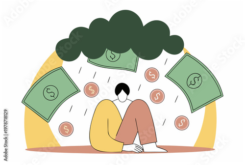 Man under dark cloud with rain of money and coin. Financial stress, money anxiety concept. Vector illustration for web, poster