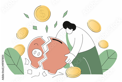 Woman holding a broken piggy bank with a coin. Financial stress and money anxiety concept. Outline flat style vector illustration