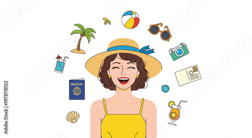 A smiling woman wearing a stylish sun hat is surrounded by floating vacation-themed icons like a passport, camera, beach ball, and tropical cocktails.