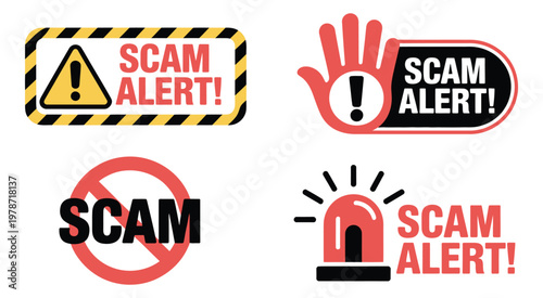 Scam alert notification icons, fraud and malware attack warning banners, pop-up vector symbols for cybersecurity, digital safety, cyber threat alerts, and online protection design.