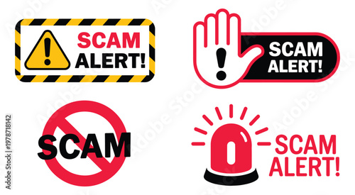 Scam alert notification set icon, fraud notice alert, malware hack attack attention banner, pop-up vector, security warning symbols for cyber threats, digital safety, and online protection 