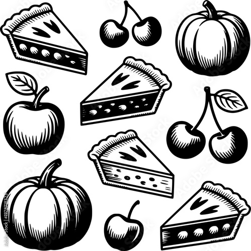 Pumpkin apple cherry pie slices whole fruit black and white vector illustration
