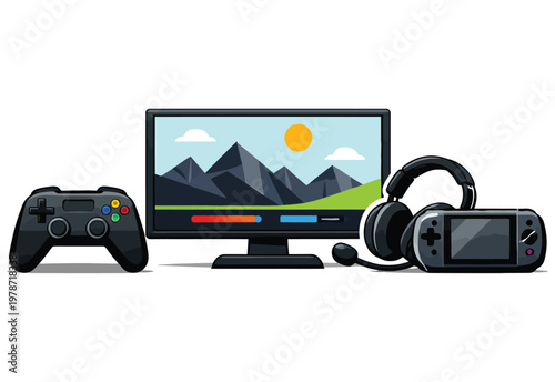 Gaming setup with controller and headset