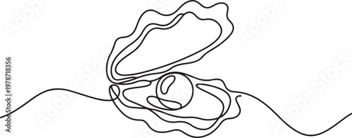 Continuous one line drawing of open oyster shell with pearl. One line draw graphic design vector