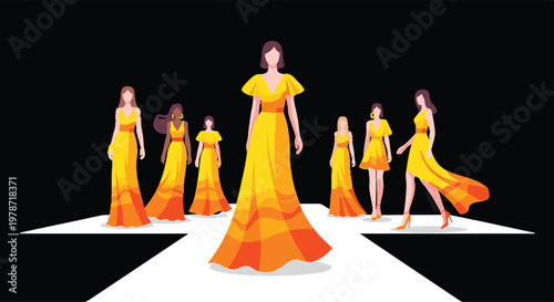 A group of models in elegant golden yellow gowns walks down a bright white runway against a stark, dramatic, and high-contrast black background setting.