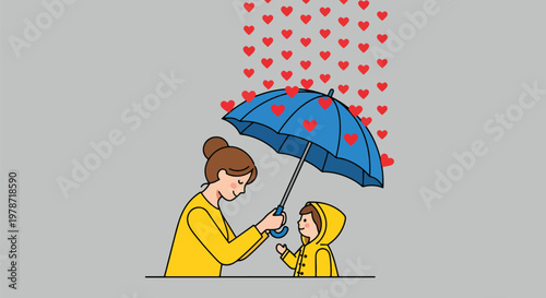 Mother holding umbrella protecting child from raining hearts, symbolizing love and care, parent child bonding, family safety, and emotional support, bright illustration