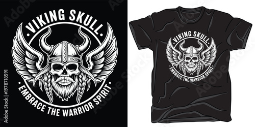 Viking skull with horned helmet and wings text viking skull embrace warrior spirit.