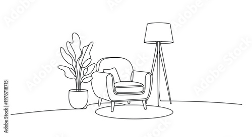A minimalist line drawing depicts a cozy armchair a potted plant and a floor lamp in a room