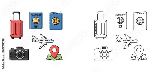 Travel and Tourism Icon Set Featuring Luggage Suitcase Passport Airplane Camera and Map Location Pin on White Background