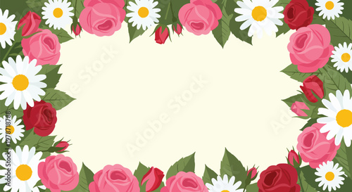 Flower frame with pink and red roses and white daisies, decorative border for special occasion, blank space for text, vibrant floral design