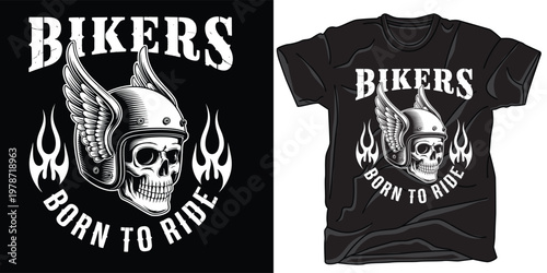 Bikers born to ride skull emblem with winged helmet and flames vintage design art.