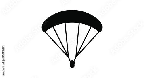 A minimalist depiction of a paraglider in flight featuring a striking black form against a white background silhouette