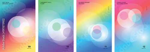 Set of four abstract gradient poster templates with translucent overlapping circles, soft mesh blur, pastel neon holographic backgrounds, modern geometric covers for flyers and branding