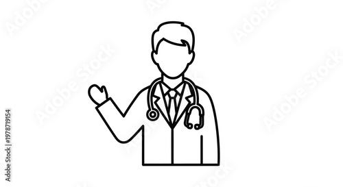 Line drawing of a doctor gesturing with an open hand wearing a stethoscope