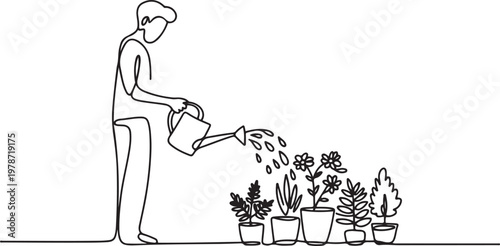 Continuous one line drawing water the plants to maintain a good environment. World environment day concept. One line draw graphic design vector
