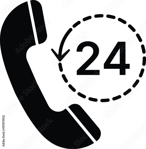 Black and white of a telephone handset with a circular arrow and the number twenty-four inside
