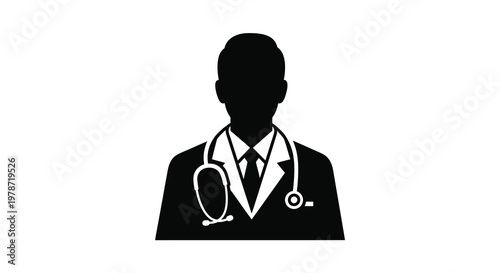 Silhouette of a doctor wearing a tie and stethoscope black and white