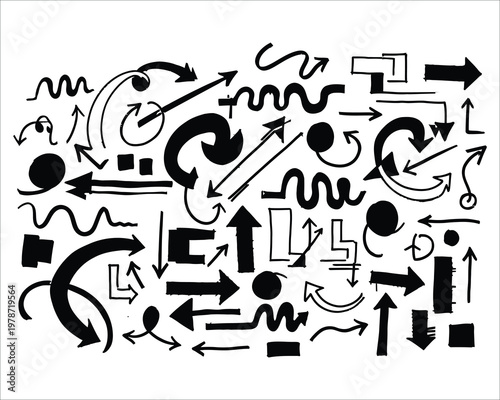 Collection of hand drawn black arrows and scribble shapes on white background