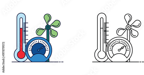 Weather Forecast Icon Set Featuring Thermometer Anemometer and Barometer in Colorful and Outline Styles for Meteorological Data and Climate Analysis