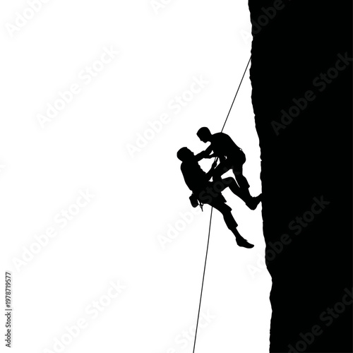 Silhouette of a Person Belaying a Climbing Partner from Below in Outdoor Rock Climbing Scene