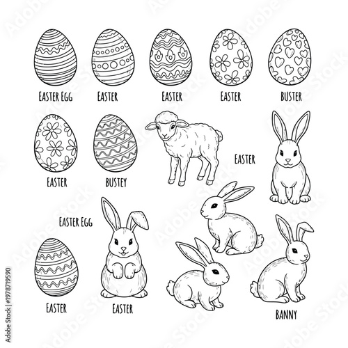 Title festive easter day decorations eggs bunnies and lambs a spring celebration description a charming black and white illustration featuring easter