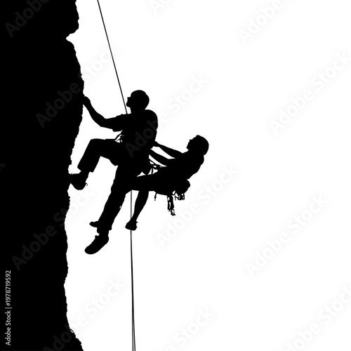 Silhouette of a Person Belaying a Climbing Partner from Below in Outdoor Rock Climbing Scene
