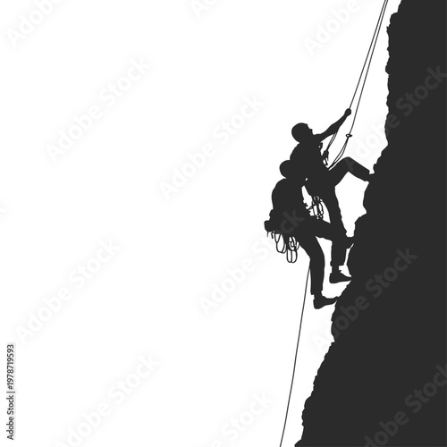 Silhouette of a Person Belaying a Climbing Partner from Below in Outdoor Rock Climbing Scene