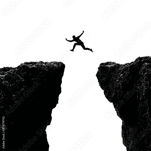 Silhouette of a Person Leaping from One Cliff to Another in Dramatic Adventure Pose