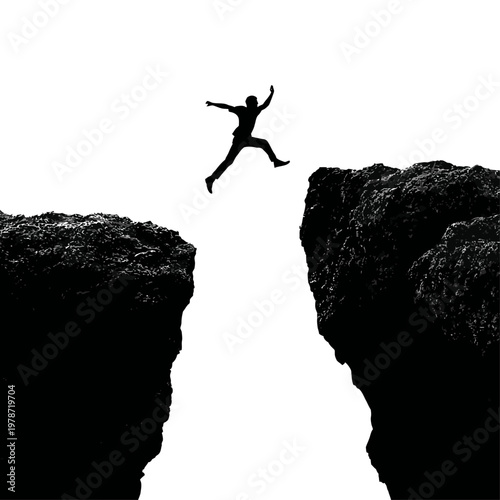Silhouette of a Person Leaping from One Cliff to Another in Dramatic Adventure Pose